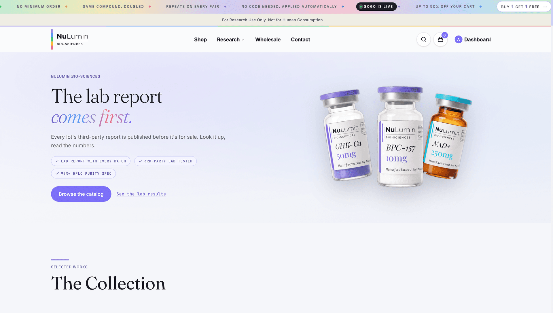 NuLumin Bio-Sciences storefront hero with lab-tested vials