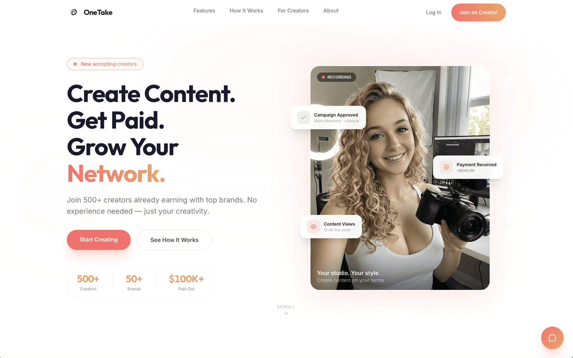 One Take Collective creator marketplace landing page